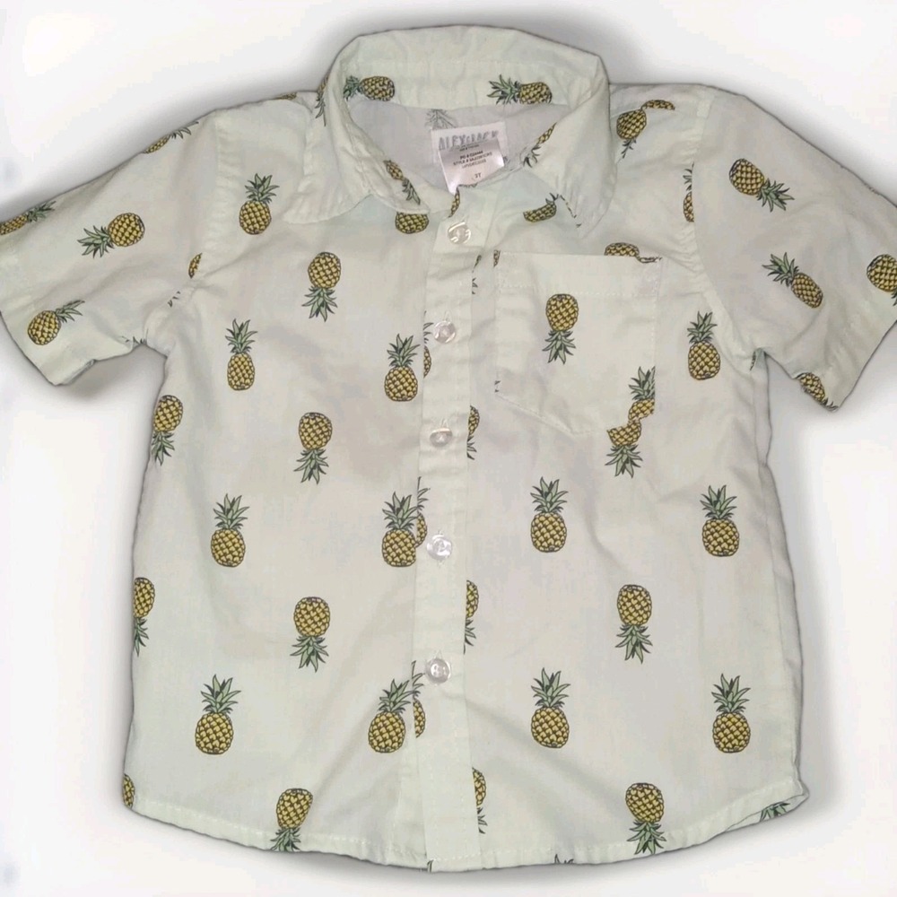 Alex & Jack Boys Shirt 3T‎ Light Green Pineapple Short Sleeve Button Down Preppy